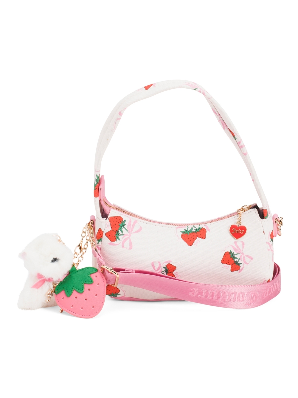Juicy Couture White and Pink Strawberry Shoulder Bag with Plush Charm